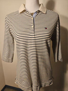 Tommy Hilfiger Womens Medium Striped 3/4 Sleeve Polo Shirt Preppy Y2K Preppy